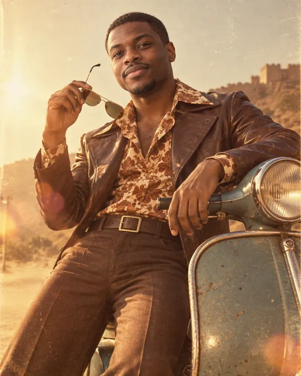 70s Film Star style: a man in a 1970s brown suit leaning on a vintage scooter in golden light
