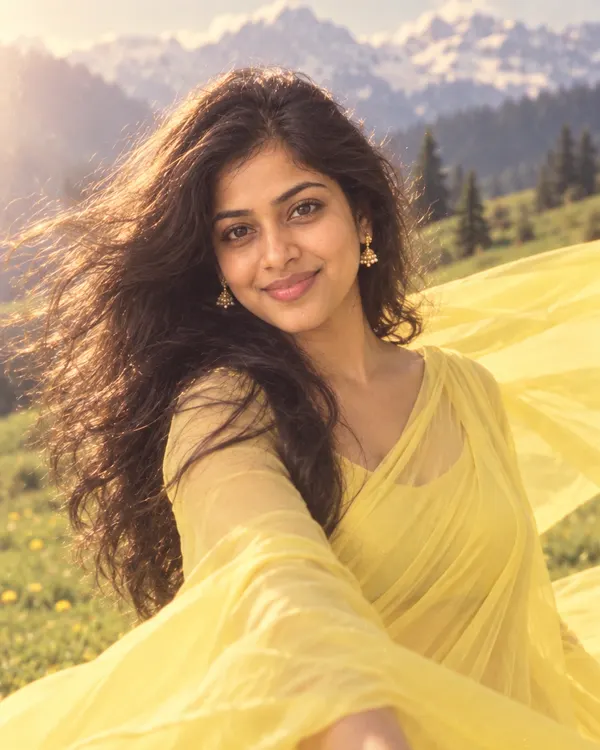 90s Film Song style: a woman in a yellow saree in a mountain meadow, hair blowing in the wind