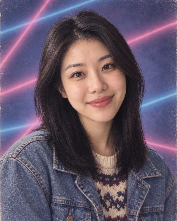 90s Yearbook style: a school portrait of a woman in front of a laser light backdrop