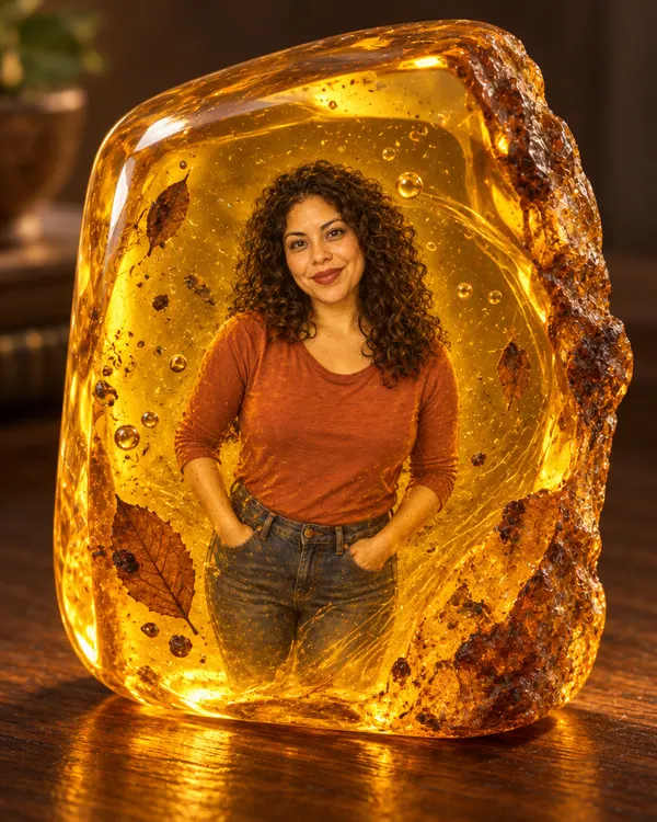 Amber Fossil style: a tiny woman set inside a glowing block of amber
