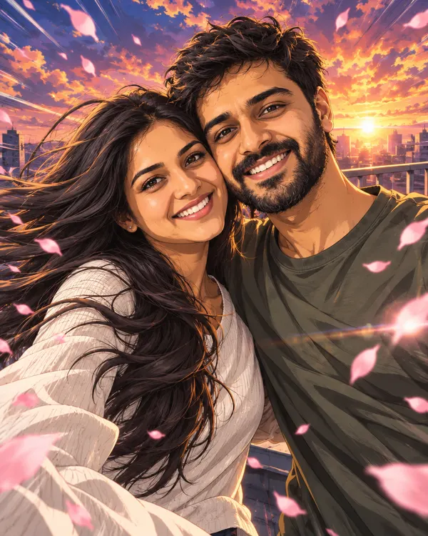 Anime Opening Scene style: an anime couple taking a selfie against a sunset city with falling petals