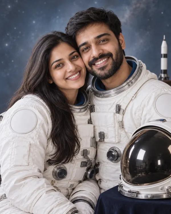 Astronaut Portrait style: a couple in white space suits posing for a launch portrait