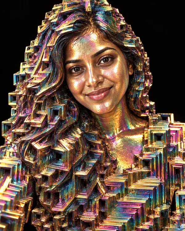 Bismuth Crystal style: a woman's portrait grown from shiny rainbow metal crystals
