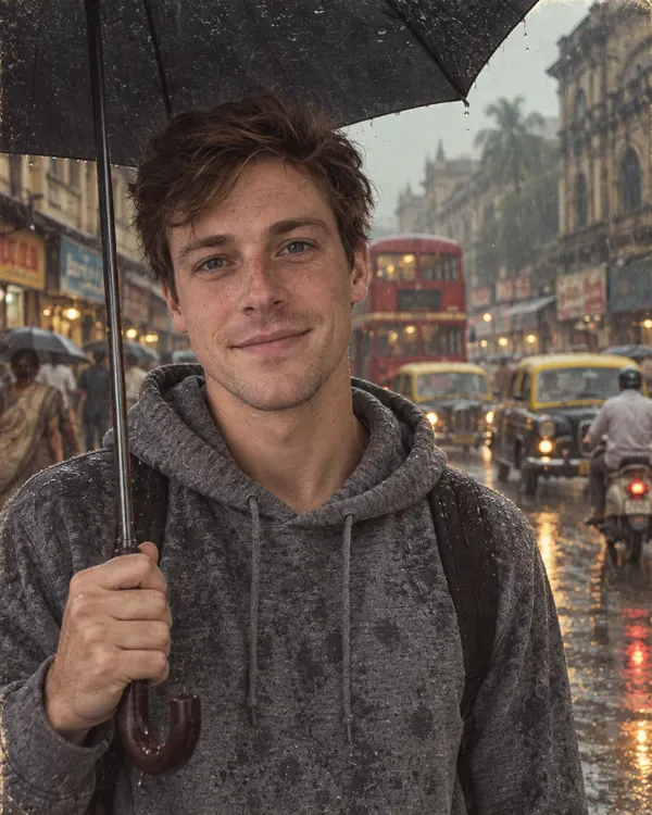 Bombay Monsoon style: a man with an umbrella on a rainy old Bombay street