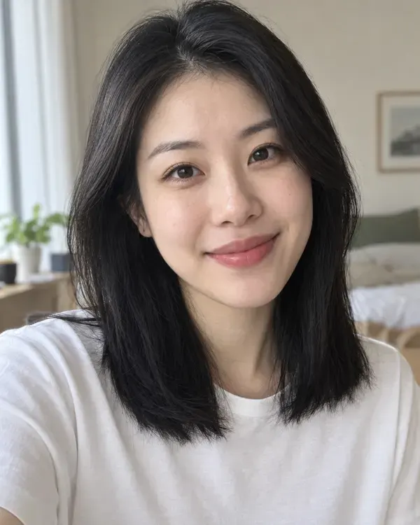 The original photo: a woman with straight black hair, before the style