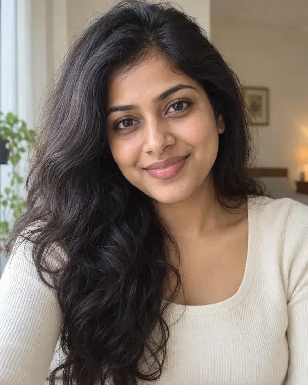 The original photo: a woman with long wavy hair, before the style