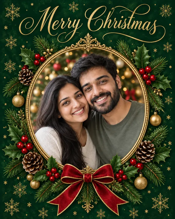Christmas Card style: a couple in a gold frame on a Merry Christmas card