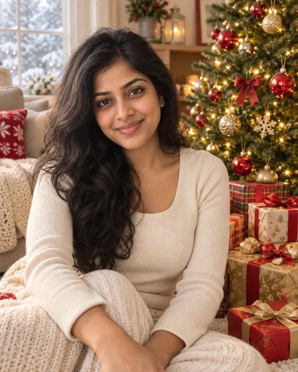 Christmas Morning: a woman sitting beside a decorated Christmas tree and wrapped presents, with snow outside the window