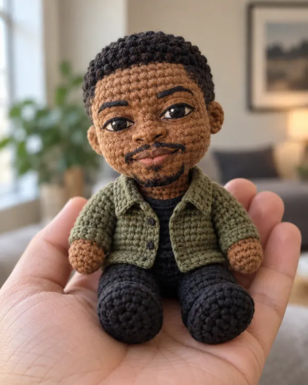 Crochet Doll: A little yarn doll of you, held in someone's hand