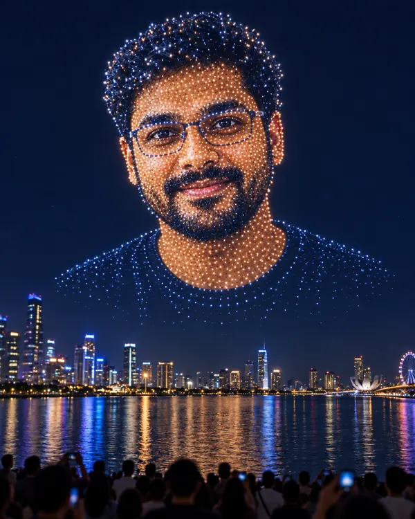 Drone Light Show style: a man's face drawn in drone lights above a city skyline at night