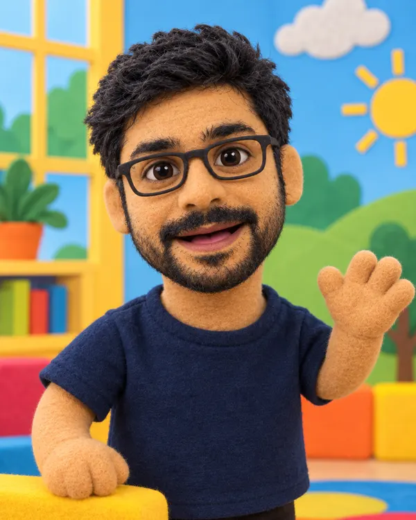 Felt Puppet style: a felt hand puppet of a man with glasses on a bright TV set
