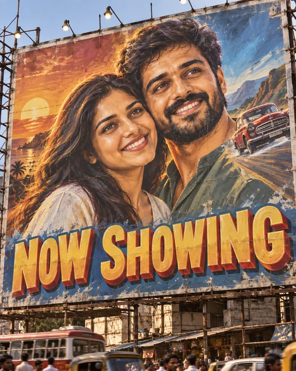 Filmi Billboard style: a couple hand painted on a giant cinema billboard