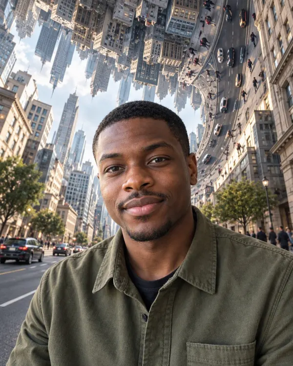 Folding City style: a man with city buildings bending up into the sky behind him