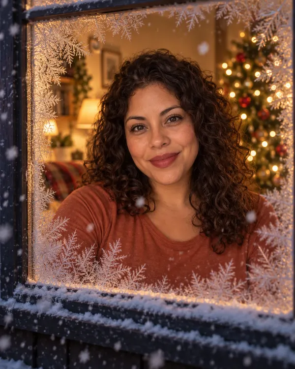 Frosty Window: a woman seen through a frosted window at night, with snow falling outside and a lit tree inside