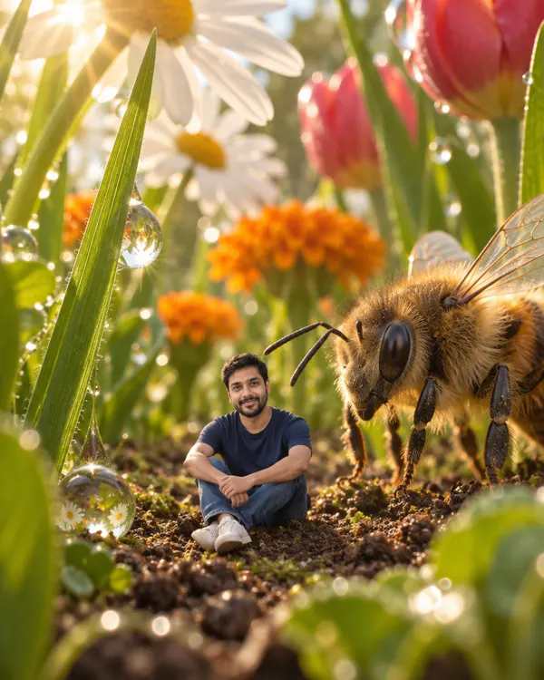 Giant Garden style: a tiny man sitting among huge flowers next to a bee