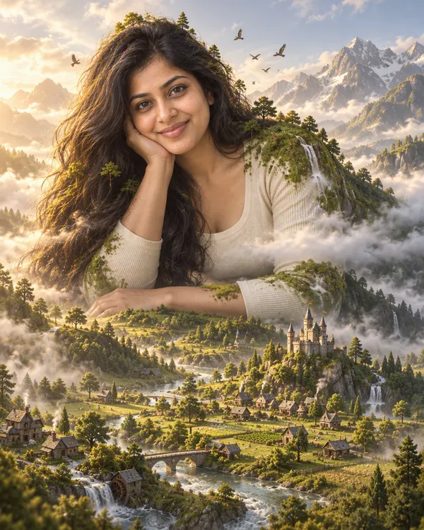 Giant Guardian style: a giant woman resting her chin on her hand above hills and a tiny village