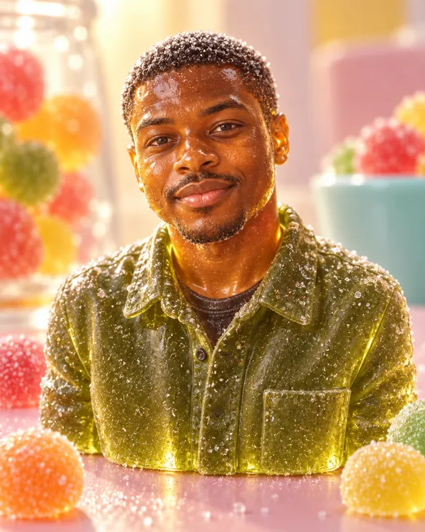 Gummy Candy style: a man turned into a glossy, see through green gummy sweet