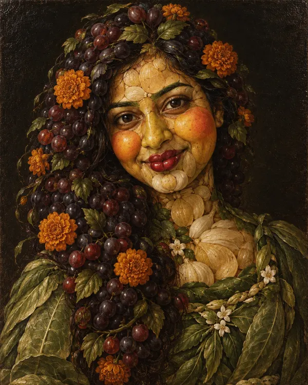 Harvest Face style: a woman's face built from fruit, leaves and flowers