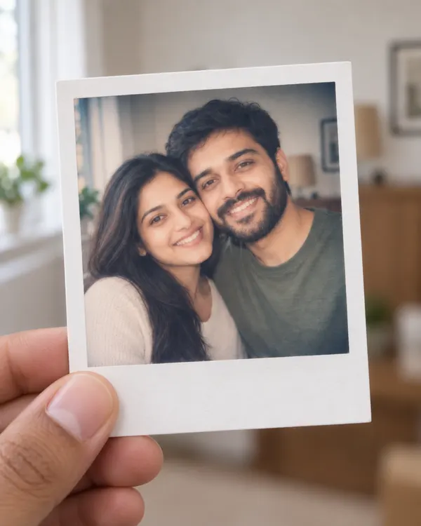 Instant Photo style: a square instant print of a couple held in a hand