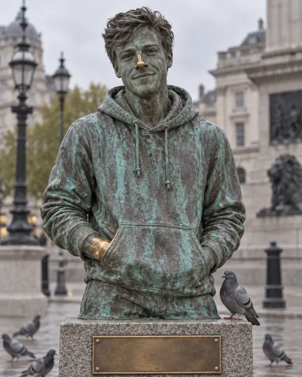 Lucky Bronze style: a green bronze statue of a man in a hoodie on a city plinth