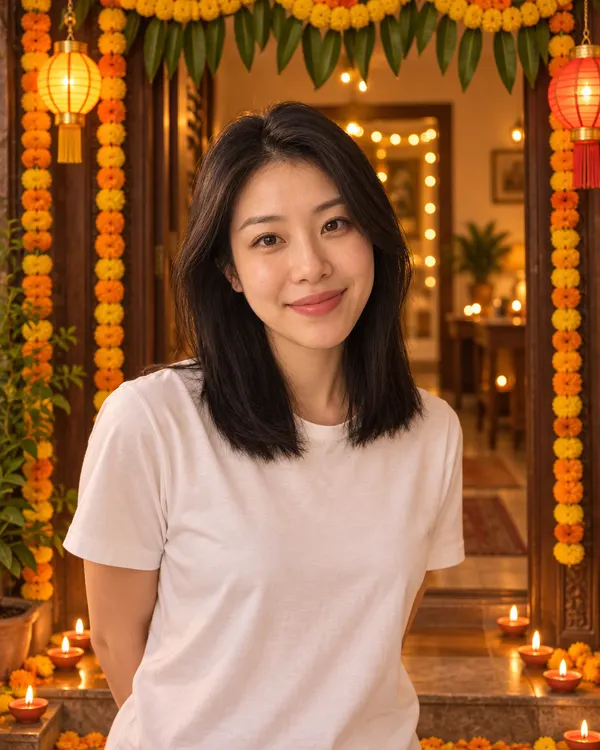 Marigold Doorway: At a doorway of marigold garlands and lanterns