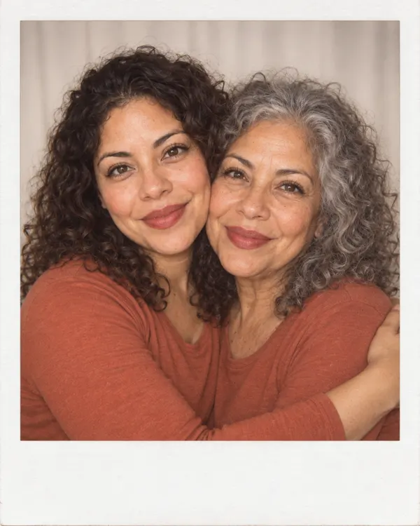 Meet Future Me style: a woman hugging an older, grey haired version of herself