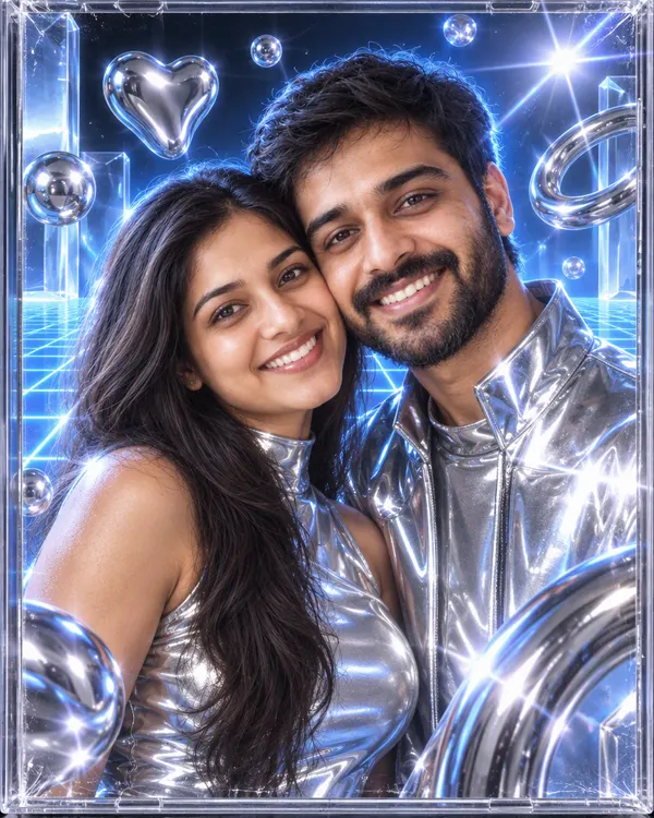 Millennium Chrome: a young couple in silver outfits on a shiny 1999 style CD cover