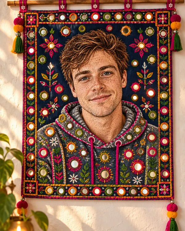 Mirror Work style: a man's portrait embroidered in bright thread with tiny mirrors