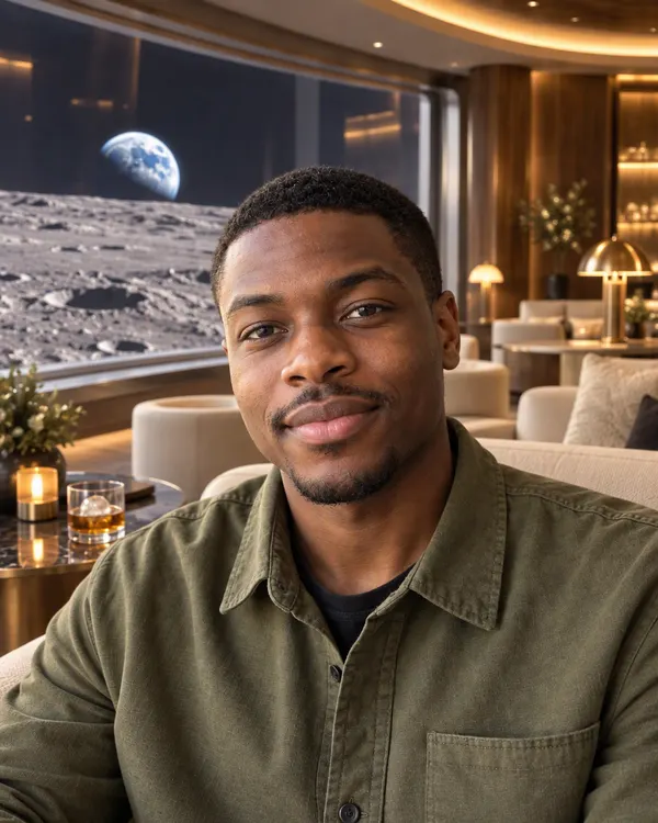 Moon Hotel style: a man in a hotel lounge with the Moon's surface and Earth outside