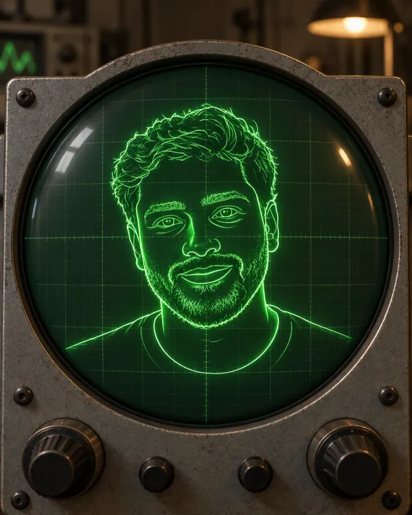 Oscilloscope Face style: a man's face drawn in green light on an old round lab screen