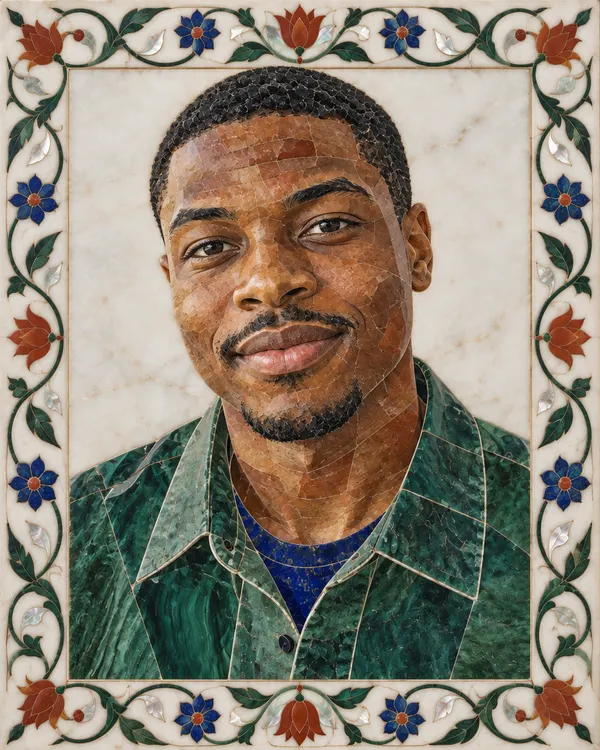Pietra Dura style: a man's portrait inlaid in white marble with a floral stone border
