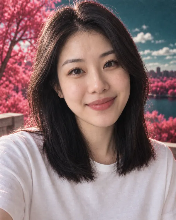 Pink Infrared style: a woman in front of trees with leaves turned hot pink