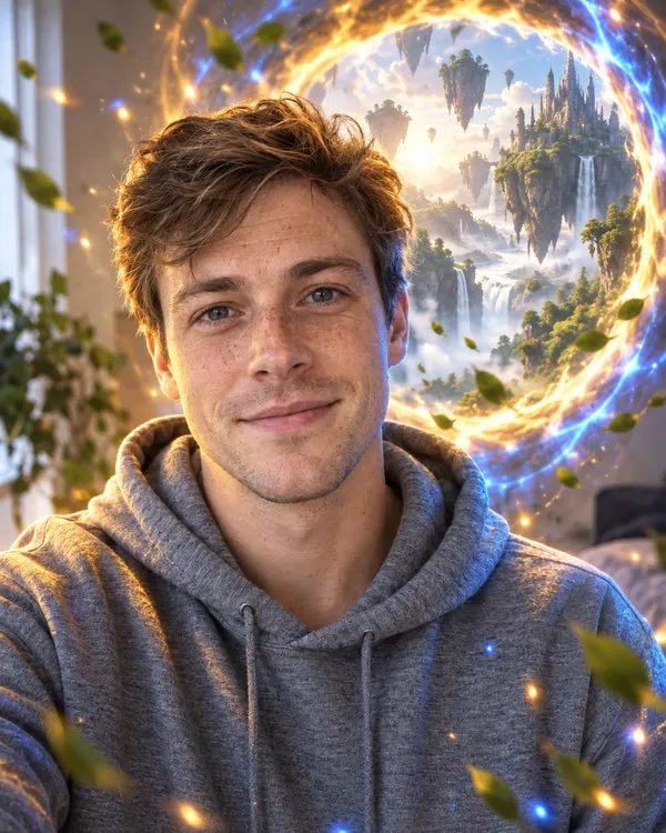 Portal Doorway style: a man in front of a glowing portal to a mountain world
