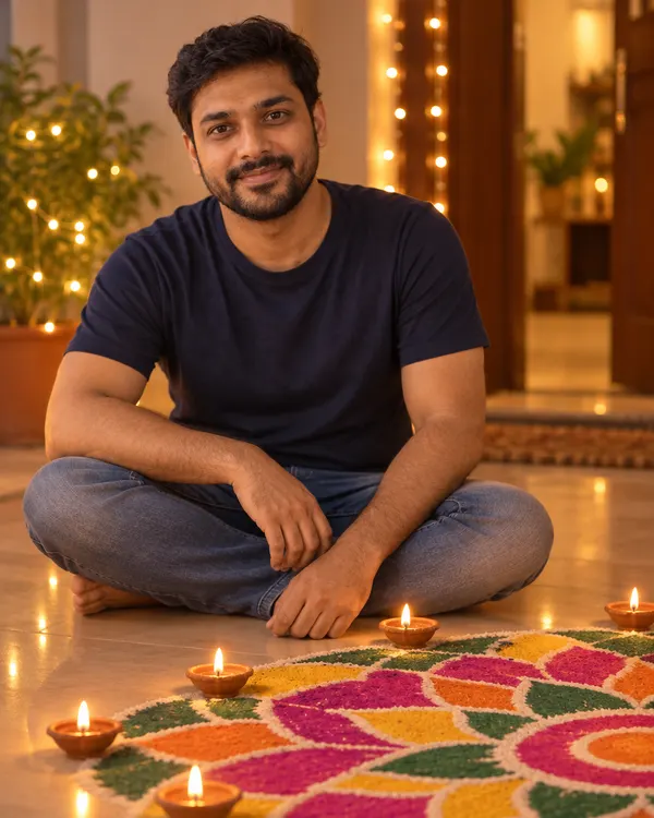 Rangoli Evening: Sitting by a bright rangoli with diyas at dusk