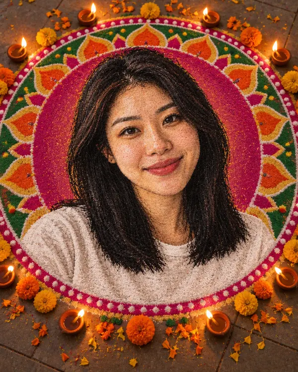 Rangoli Portrait: Your face drawn in colored powder with diyas around