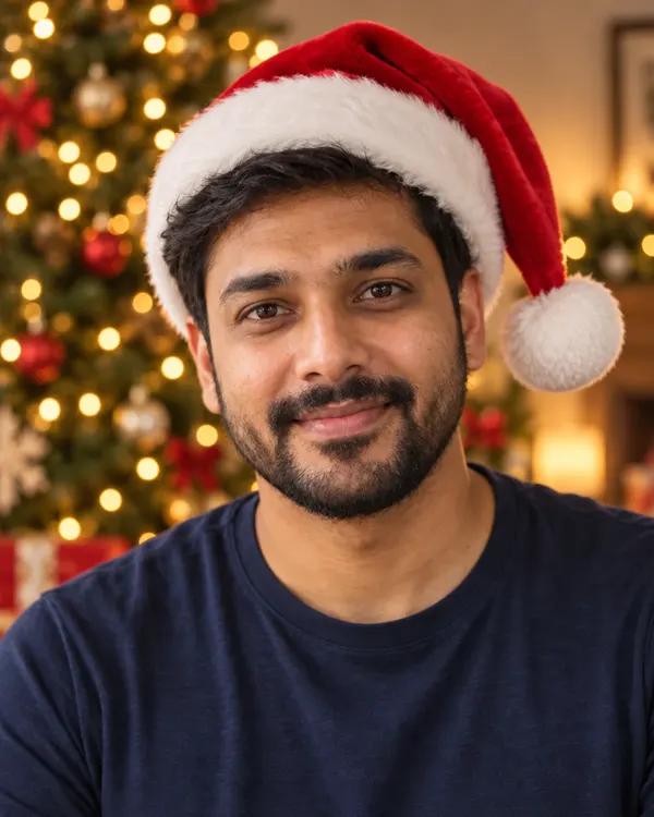 Santa Hat Portrait style: a man in a red Santa hat with a lit Christmas tree behind him