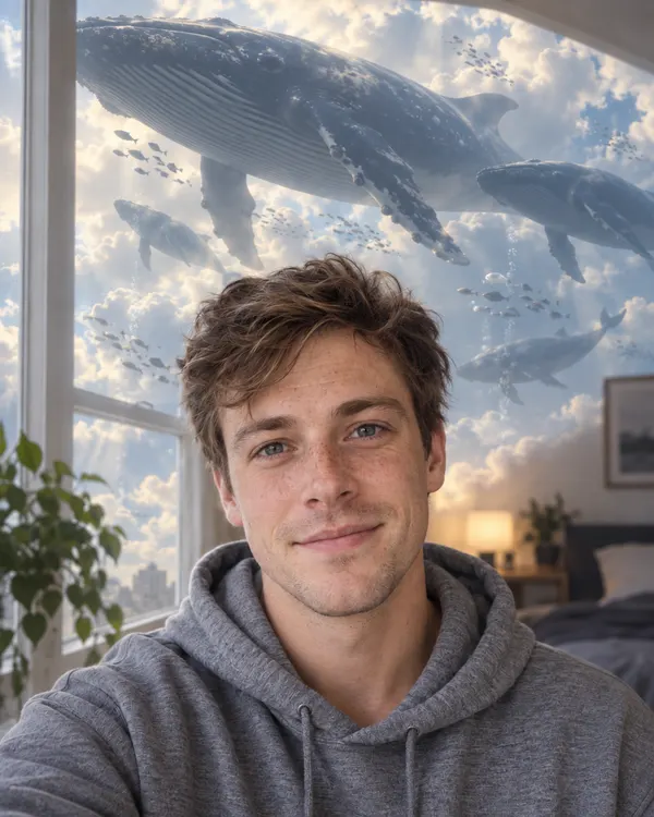 Sky Whales style: a man by a window as giant whales drift through the sky behind him