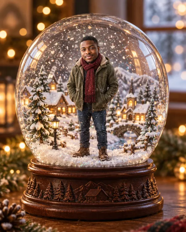 Snow Globe: a small figure of a man in a coat and red scarf inside a snow globe, in a tiny snowy village