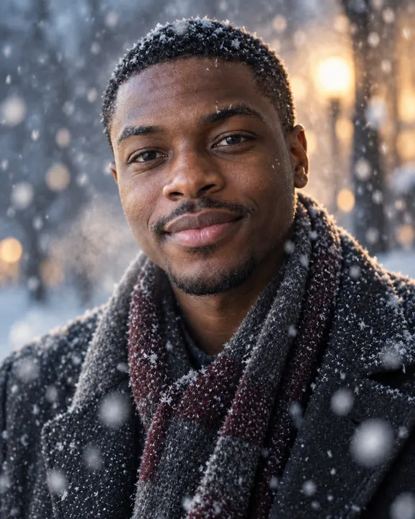 Snowfall Film style: a man in a wool scarf with heavy snow falling around him