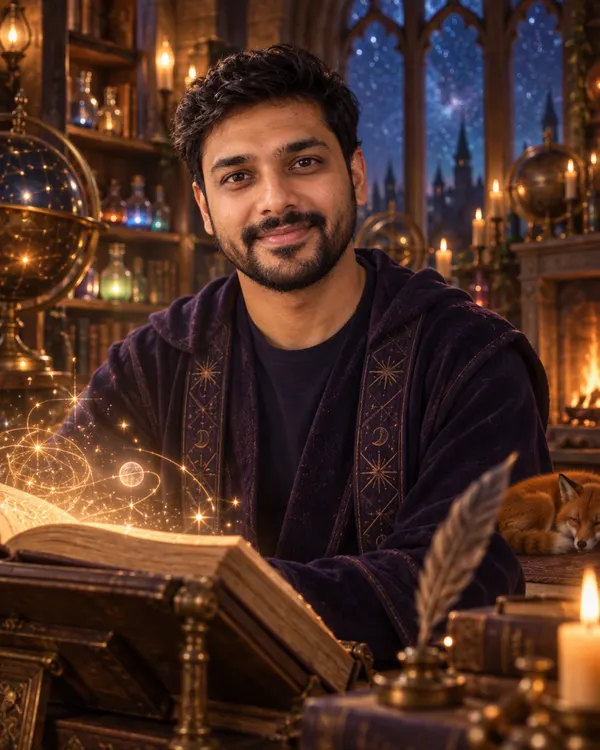 Spell Academy style: a man in a candlelit library of magic books