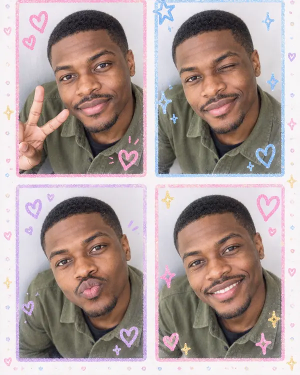 Sticker Booth style: a four frame photo booth strip of a man with doodles and hearts
