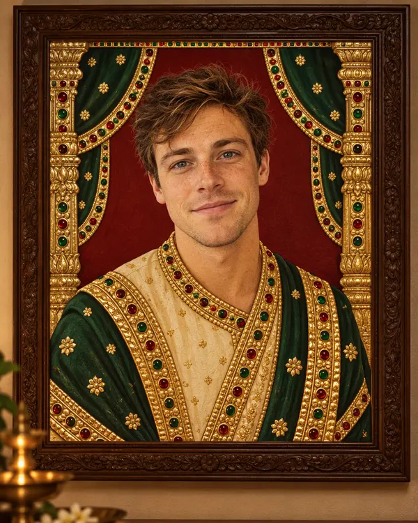 Tanjore Gold style: a man painted in a gold studded outfit inside an ornate frame