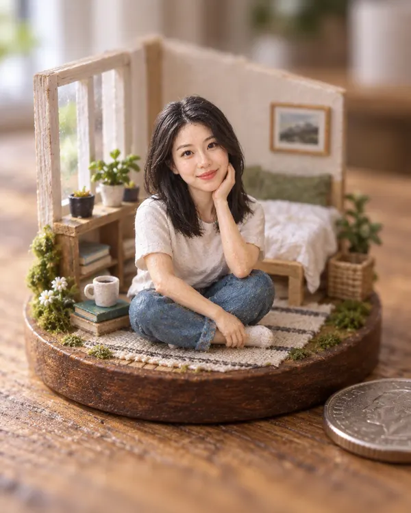 Tiny World style: a woman as a small painted figure in a handmade miniature room