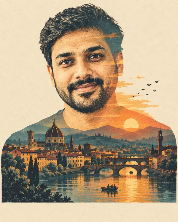 Travel Poster style: a man's portrait that fades into a riverside city at sunset