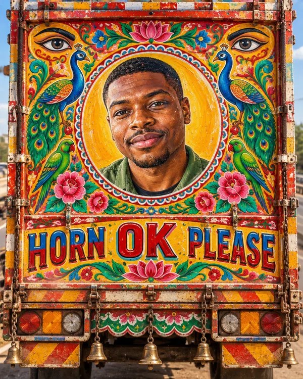 Truck Art style: a man's portrait painted on the colorful back of a decorated truck
