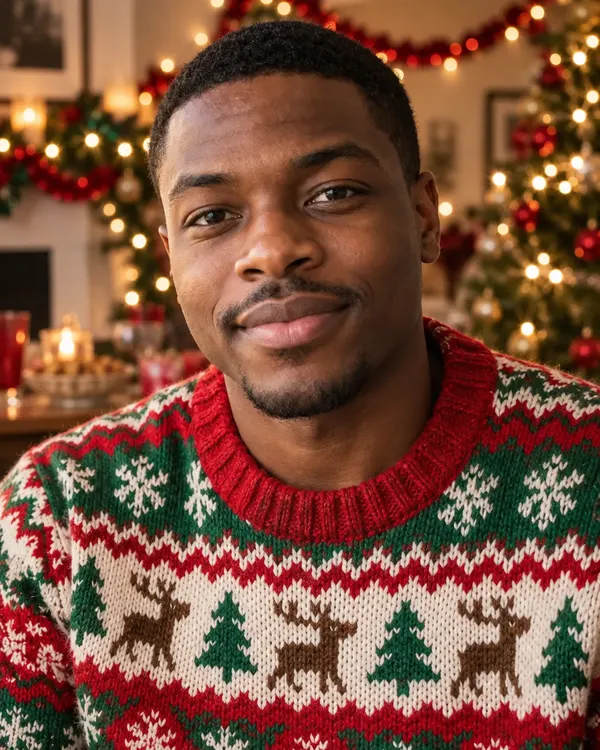 Ugly Sweater style: a man in a red, green and white knitted Christmas sweater