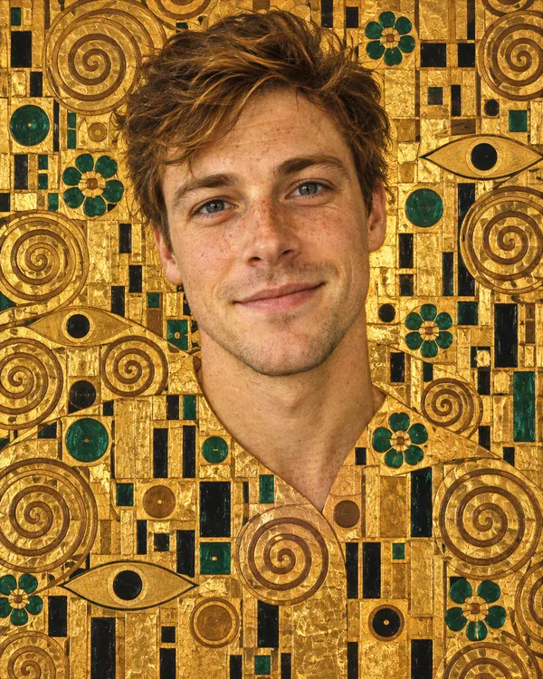 Vienna Gold style: a man's portrait wrapped in swirls and squares of gold leaf