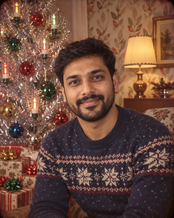 Vintage Christmas: a man in a patterned sweater beside a silver tinsel tree in a 1950s living room