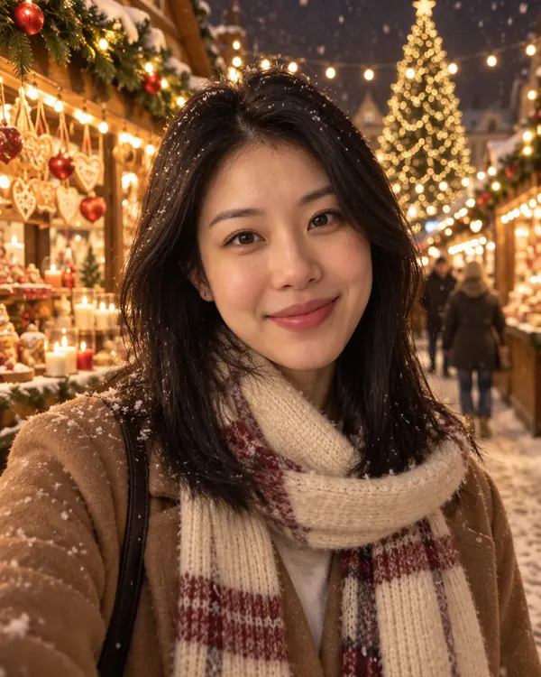 Winter Market Lights: a woman in a coat and scarf at a Christmas market at night, with string lights and a tall lit tree behind her