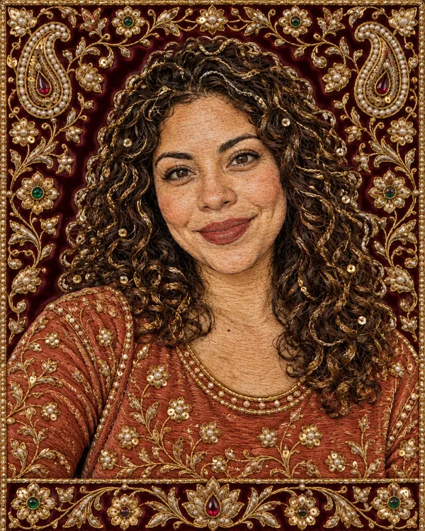Zardozi Gold style: a woman's portrait stitched in gold thread on dark red velvet